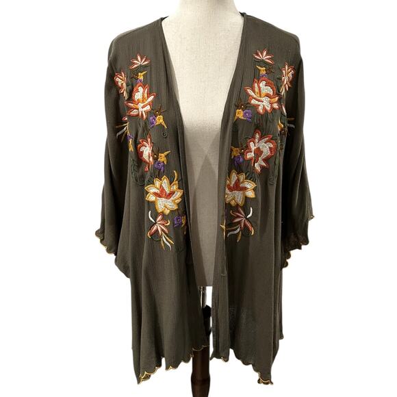 Umgee Olive Green Embroidered Open Front Jacket or Kimono Size 1XL EUC - Picture 1 of 5